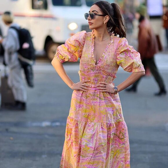 Jesse Zhao New York Dresses & Skirts - Brand New w/Tags – Jessie Zhao “Astrid Marble” Smocked Midi Dress – Size 2